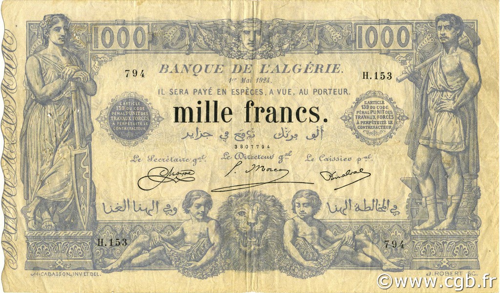 1000 Francs ALGERIA  1924 P.076b q.BB