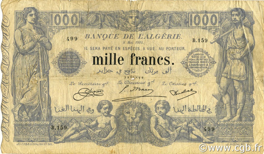 1000 Francs ALGERIEN  1924 P.076b SGE