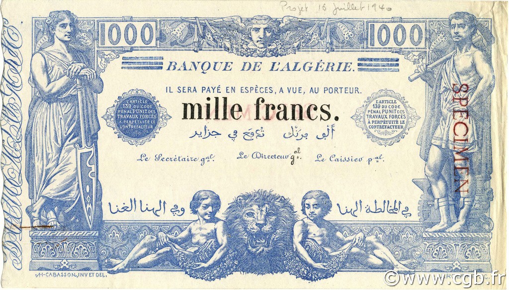1000 Francs Épreuve ALGERIA  1940 P.076s XF+