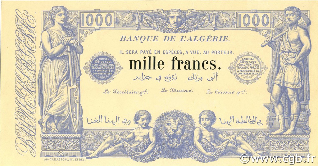 1000 Francs ARGELIA  1909 P.076s SC+