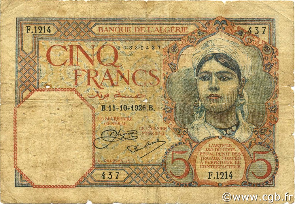 5 Francs ALGERIA  1926 P.077a B