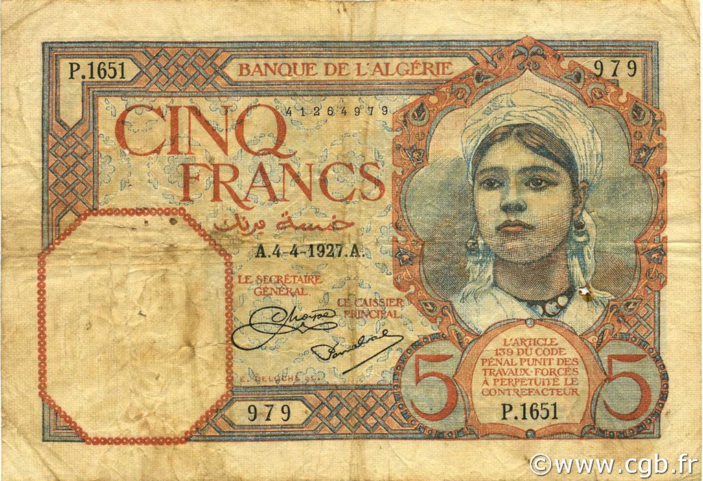 5 Francs ALGERIA  1927 P.077a q.BB