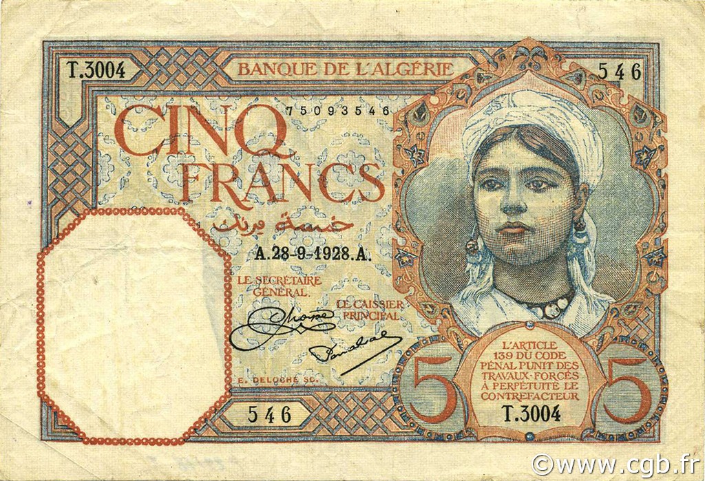 5 Francs ALGERIA  1928 P.077a BB