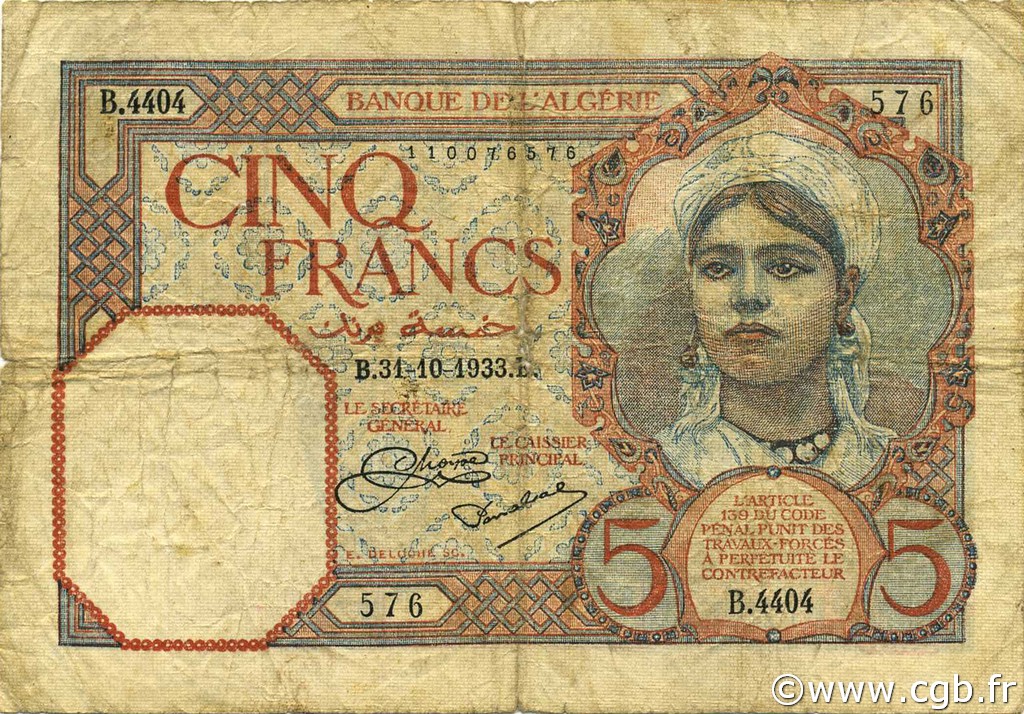 5 Francs ALGERIA  1933 P.077a MB