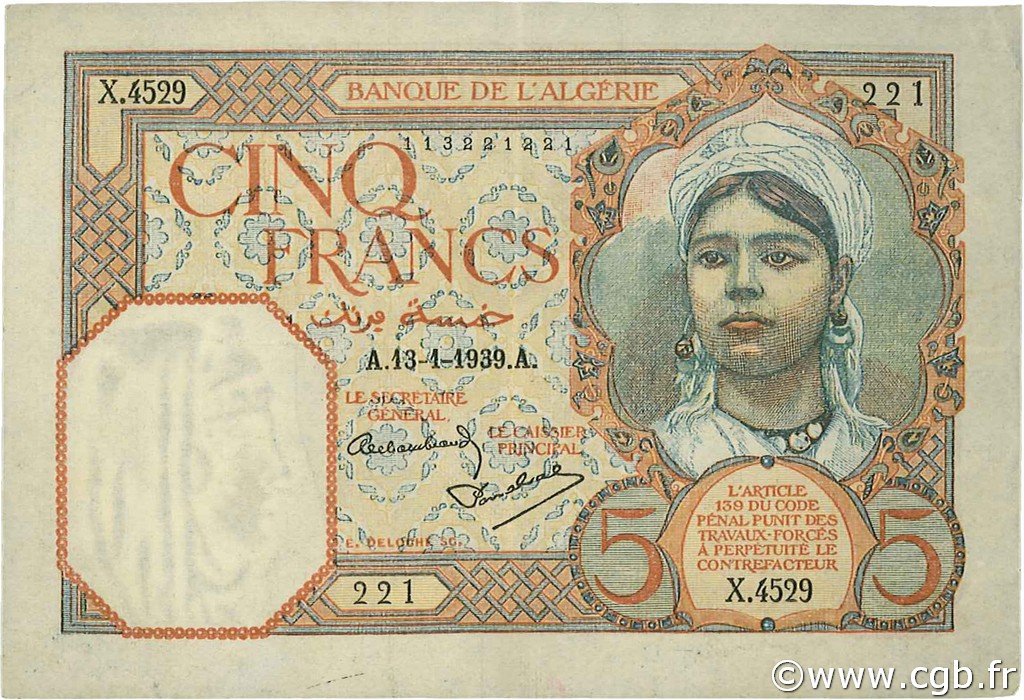 5 Francs ARGELIA  1939 P.077a MBC a EBC