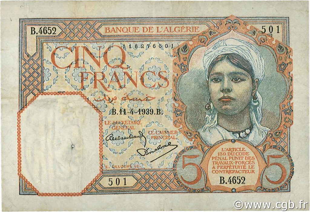 5 Francs ALGERIA  1939 P.077a q.BB