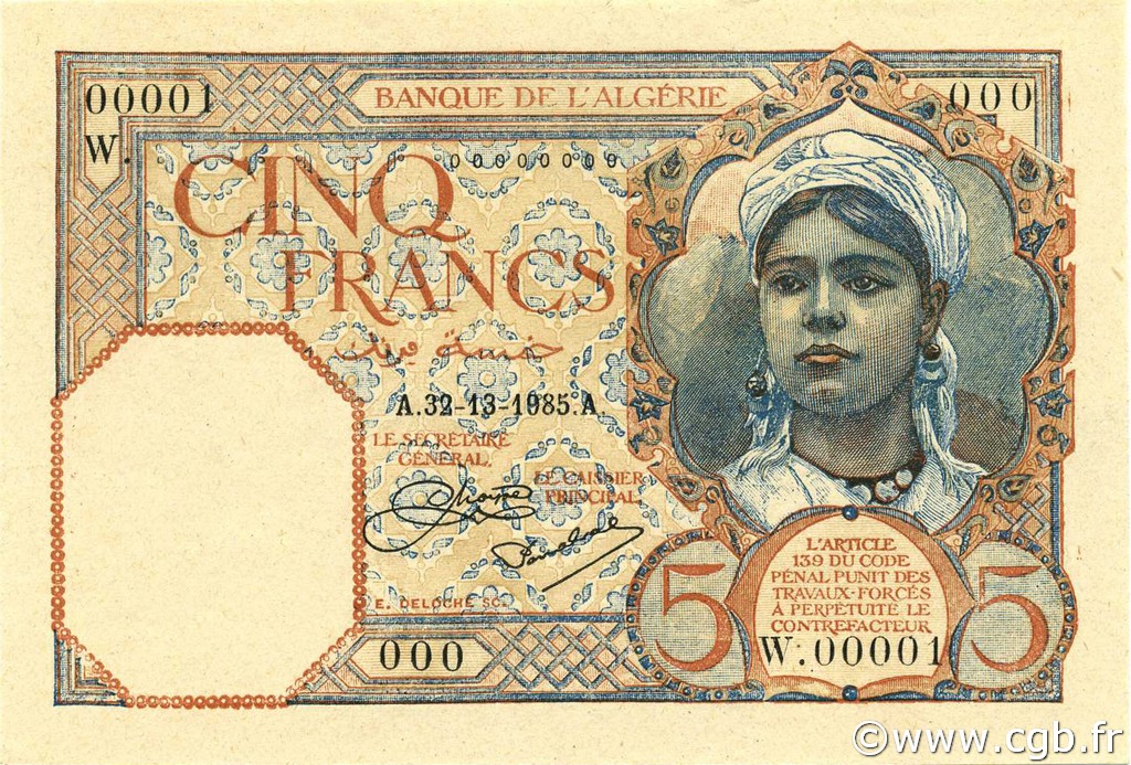 5 Francs ALGERIEN  1926 P.077s ST