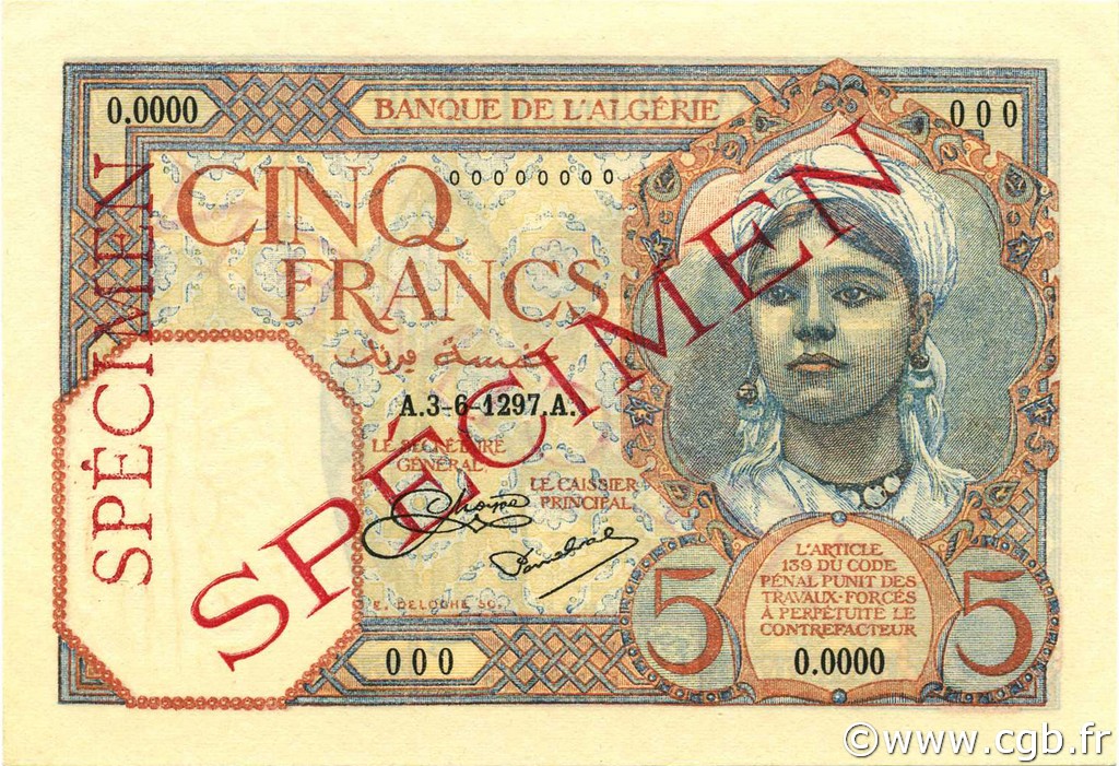 5 Francs ALGERIA  1927 P.077s UNC-