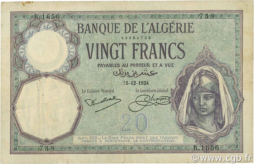 20 Francs ALGERIA  1924 P.078b F+