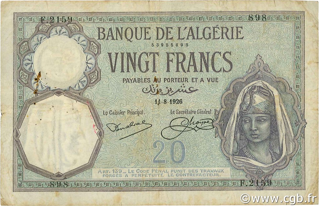 20 Francs ALGERIA  1926 P.078b MB
