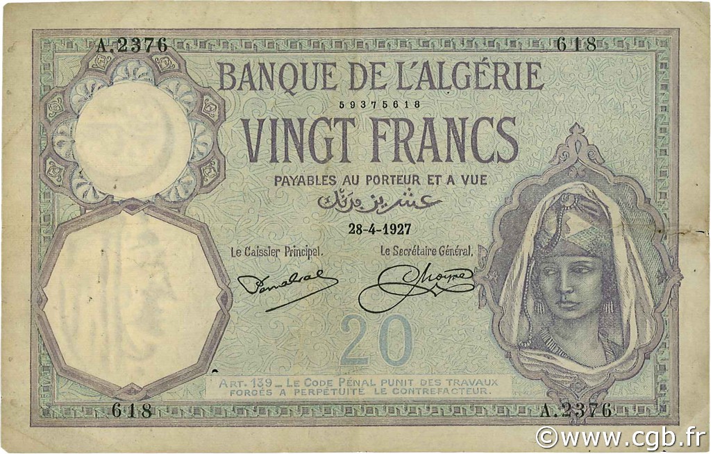20 Francs ALGERIA  1927 P.078b F - VF