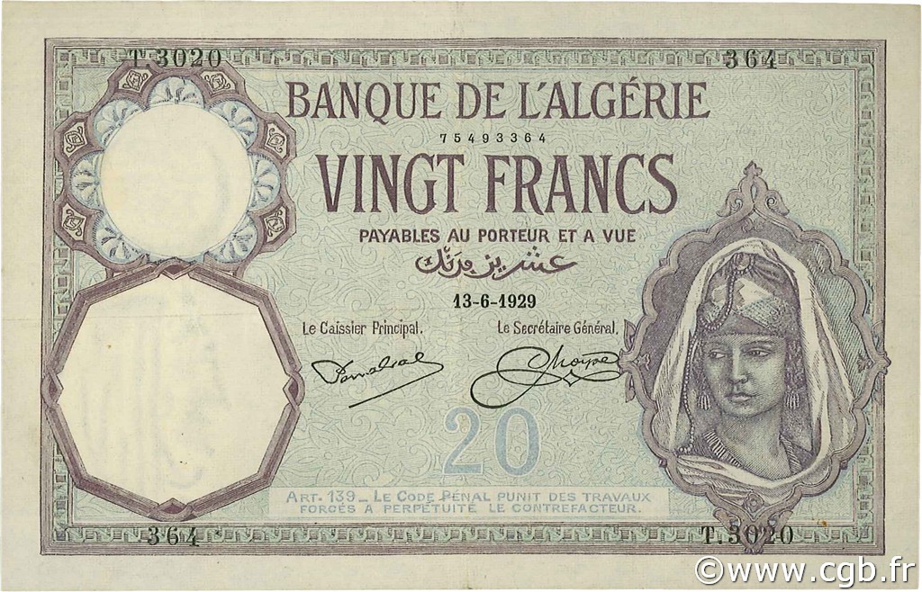 20 Francs ALGERIA  1929 P.078b VF - XF