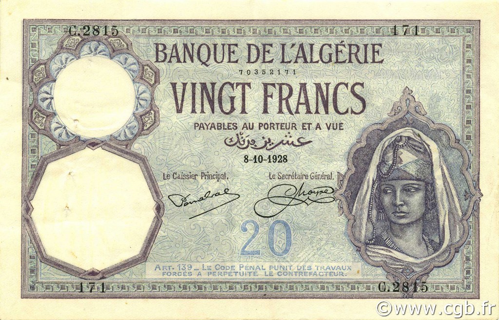 20 Francs ALGERIEN  1928 P.078b VZ