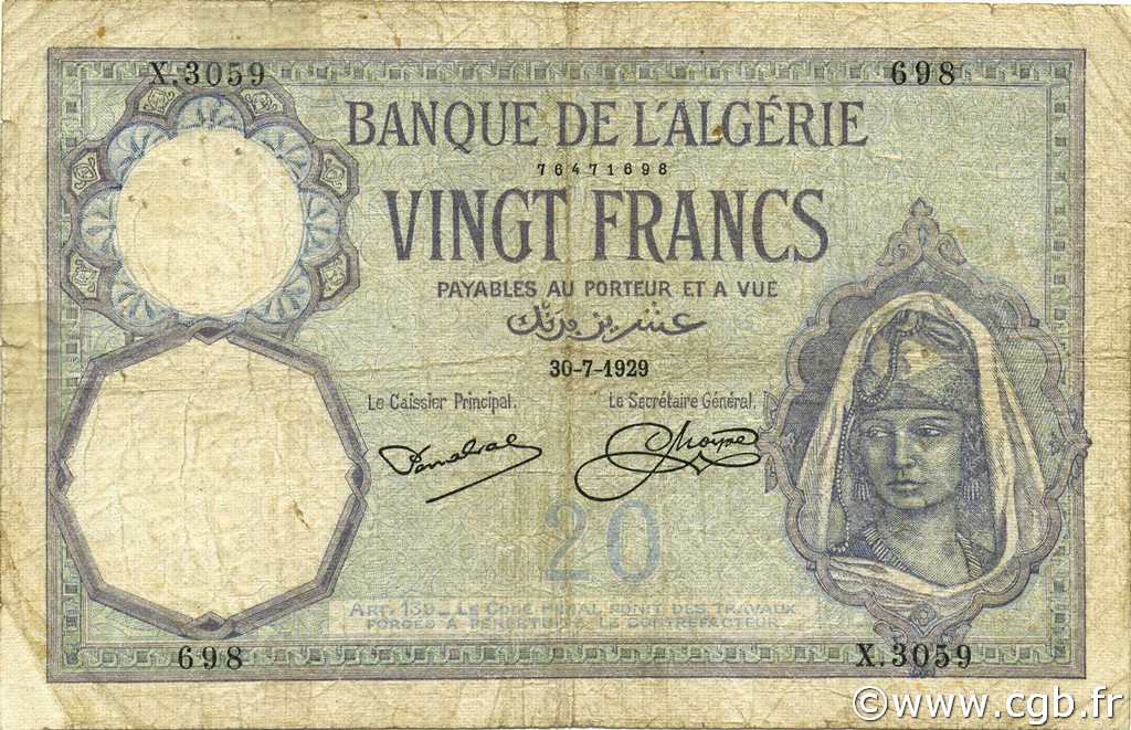 20 Francs ALGERIA  1929 P.078b F-