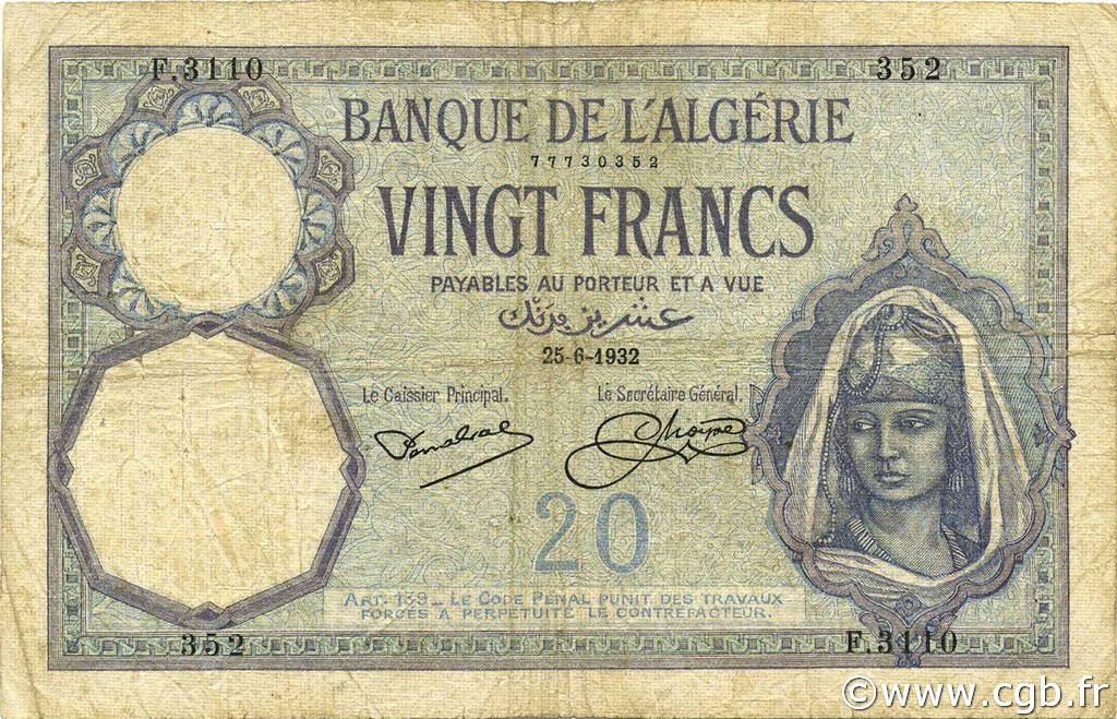 20 Francs ALGERIEN  1932 P.078b fS