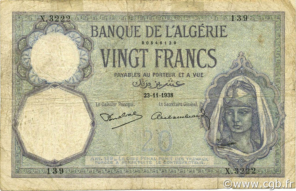 20 Francs ALGERIA  1938 P.078c q.MB