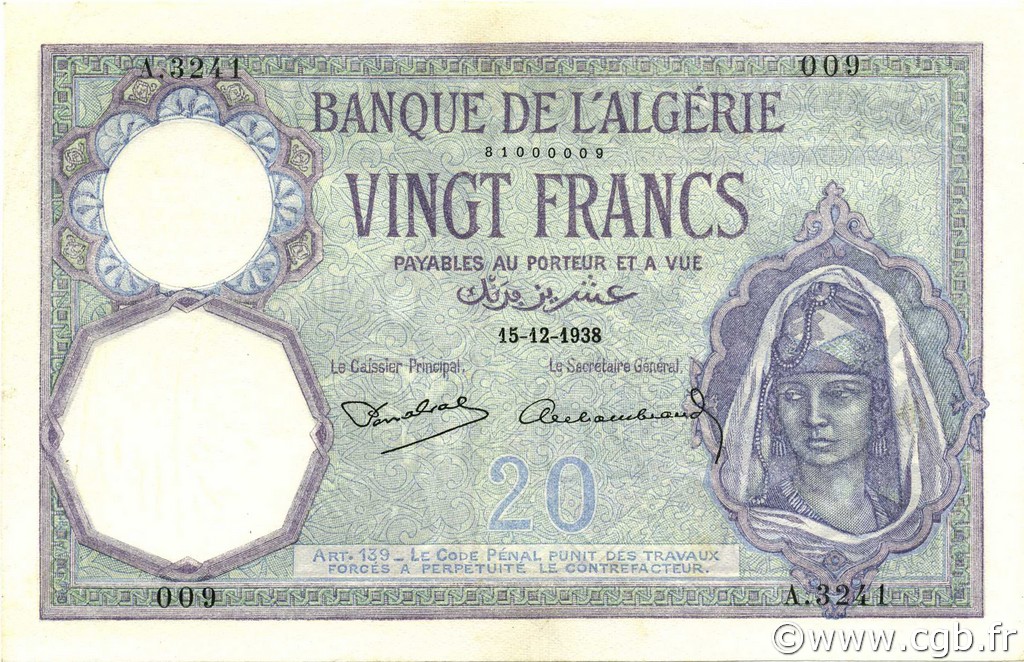 20 Francs ALGERIA  1938 P.078c AU-