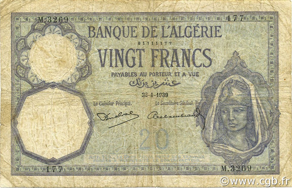 20 Francs ALGERIA  1939 P.078c VG