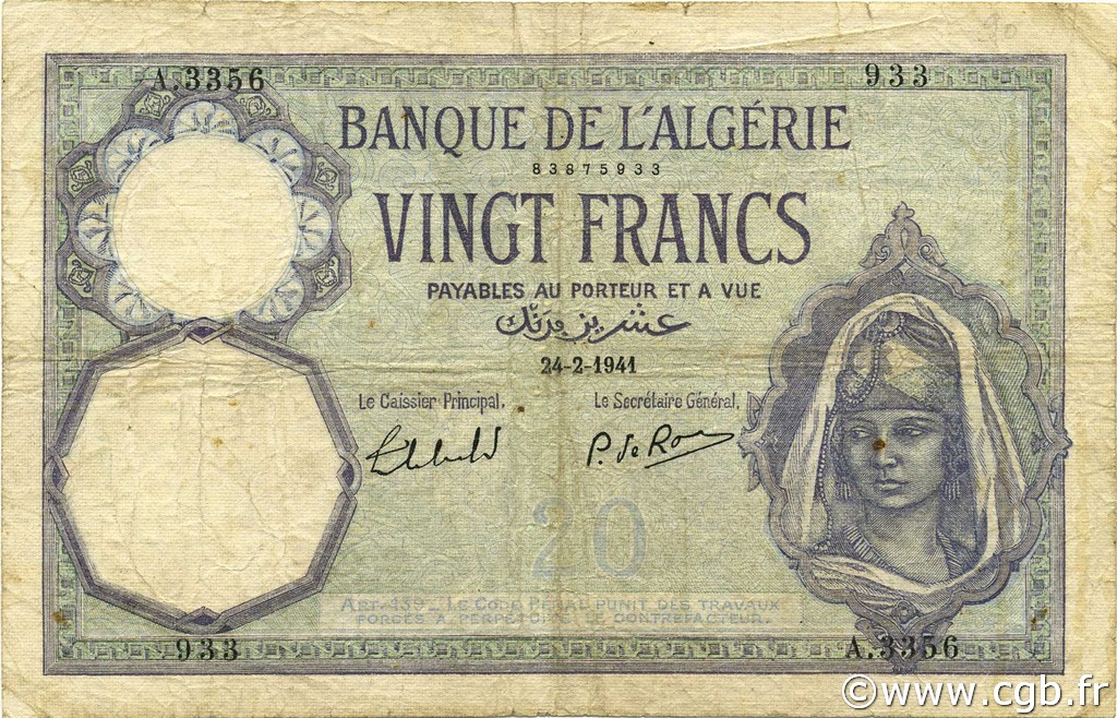 20 Francs ALGERIA  1941 P.078c MB