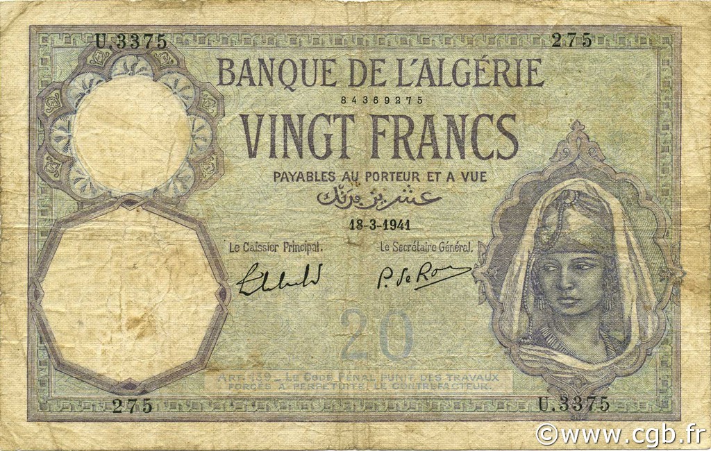 20 Francs ALGERIEN  1941 P.078c fS