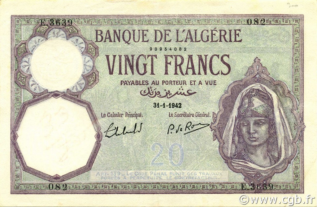 20 Francs ALGERIA  1942 P.078c SPL a AU