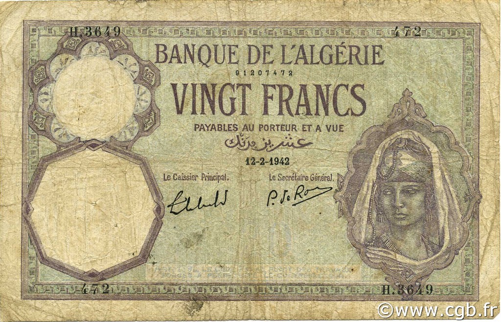 20 Francs ALGERIA  1942 P.078c VG