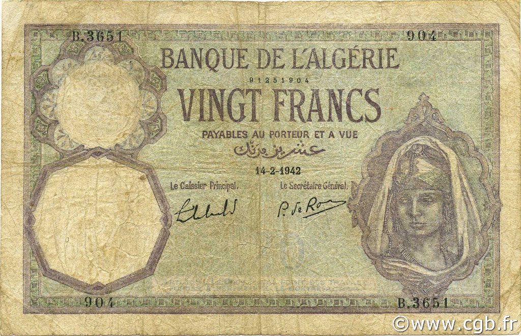 20 Francs ALGERIEN  1942 P.078c fS