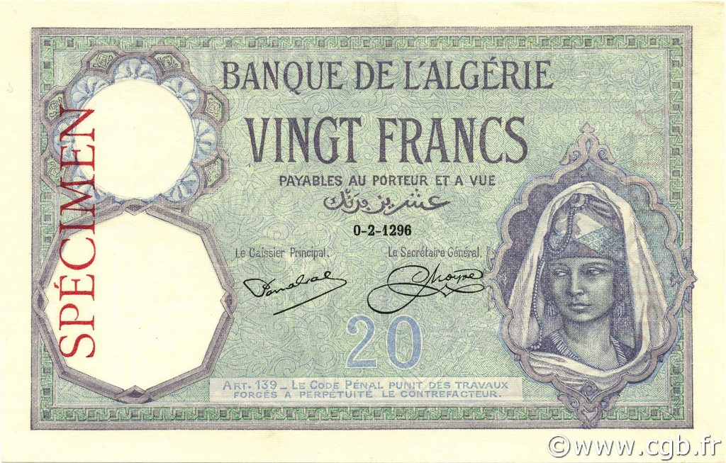 20 Francs ALGERIA  1912 P.078s FDC