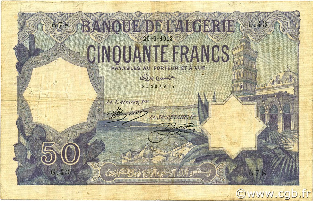 50 Francs ALGERIEN  1913 P.079 S