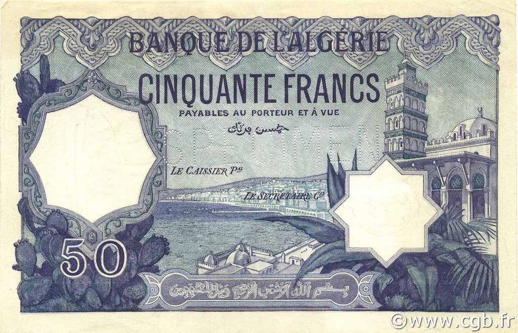50 Francs ALGERIA  1912 P.079s AU