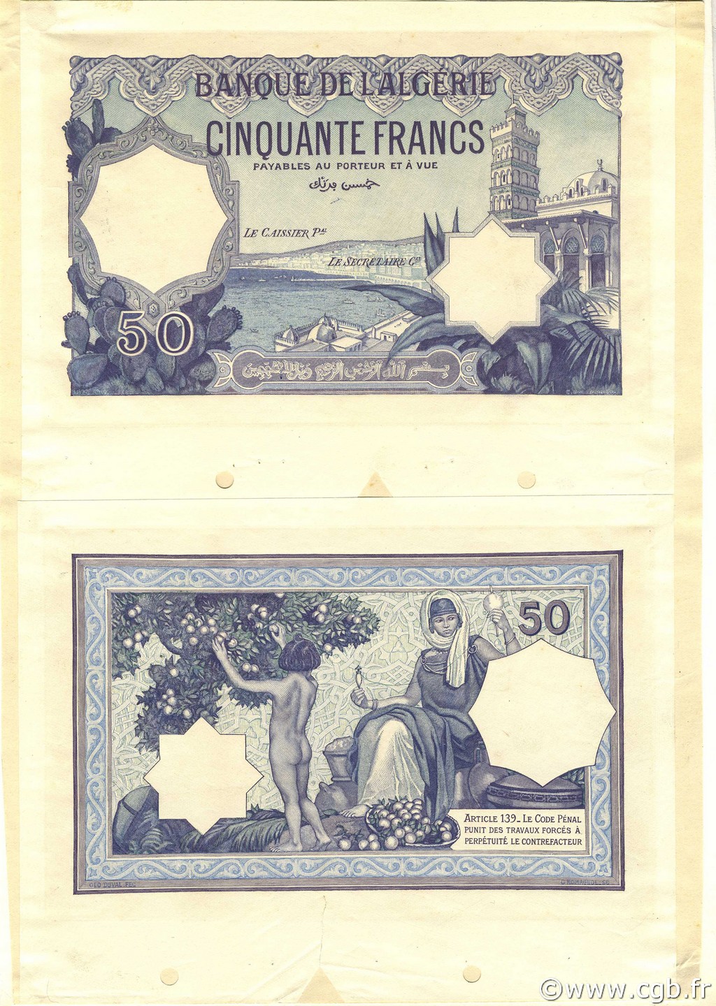 50 Francs Épreuve ALGERIA  1912 P.079s AU