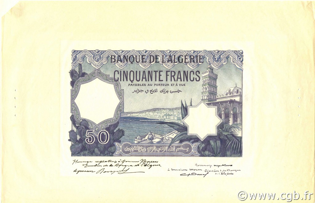 50 Francs Épreuve ALGERIEN  1912 P.079s ST