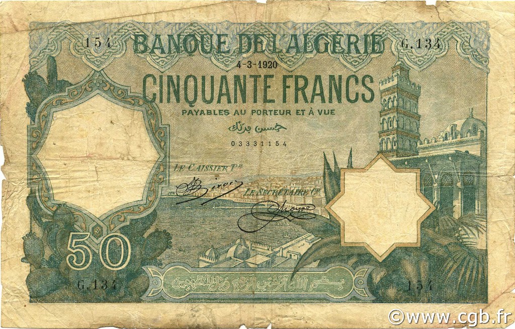 50 Francs ALGÉRIE  1920 P.080a B+