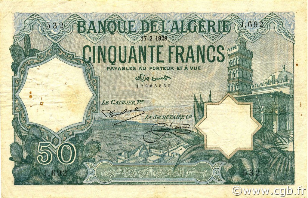 50 Francs ALGERIA  1928 P.080a q.BB