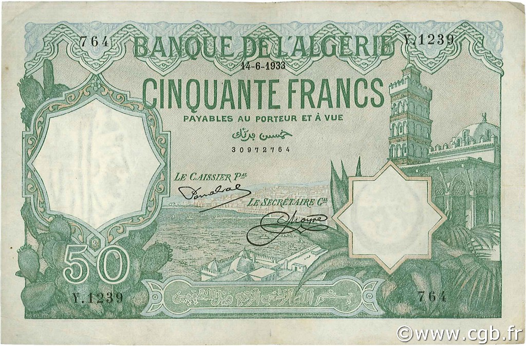 50 Francs ALGERIA  1933 P.080a BB