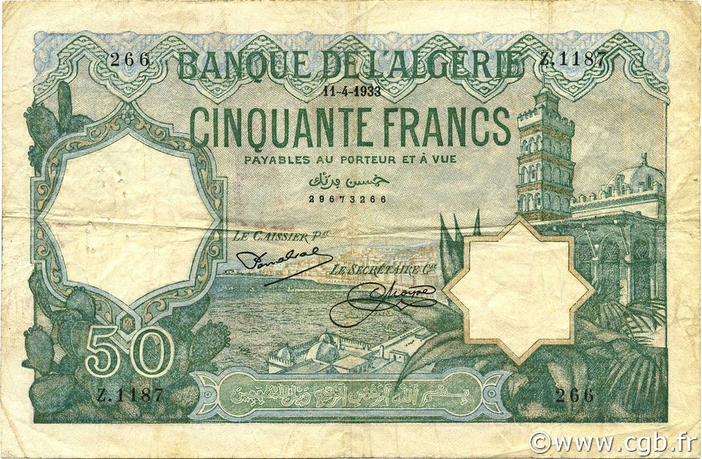50 Francs ALGERIA  1933 P.080a q.BB