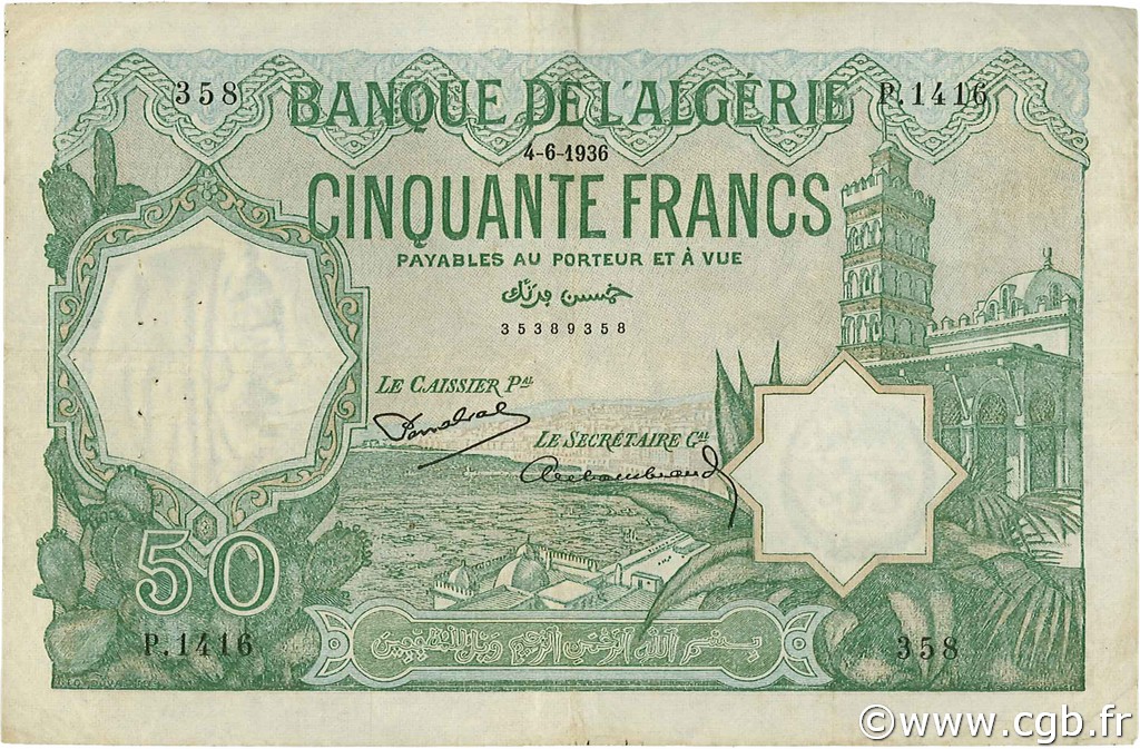 50 Francs ALGERIA  1936 P.080a VF
