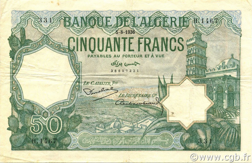 50 Francs ALGERIA  1936 P.080a BB