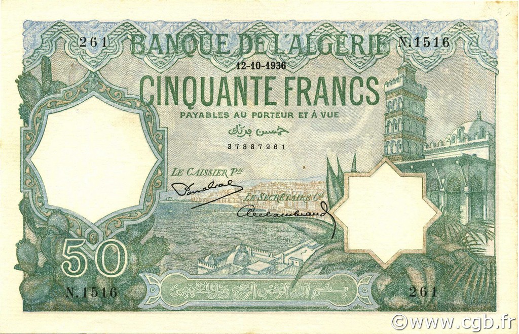 50 Francs ALGERIA  1936 P.080a SPL