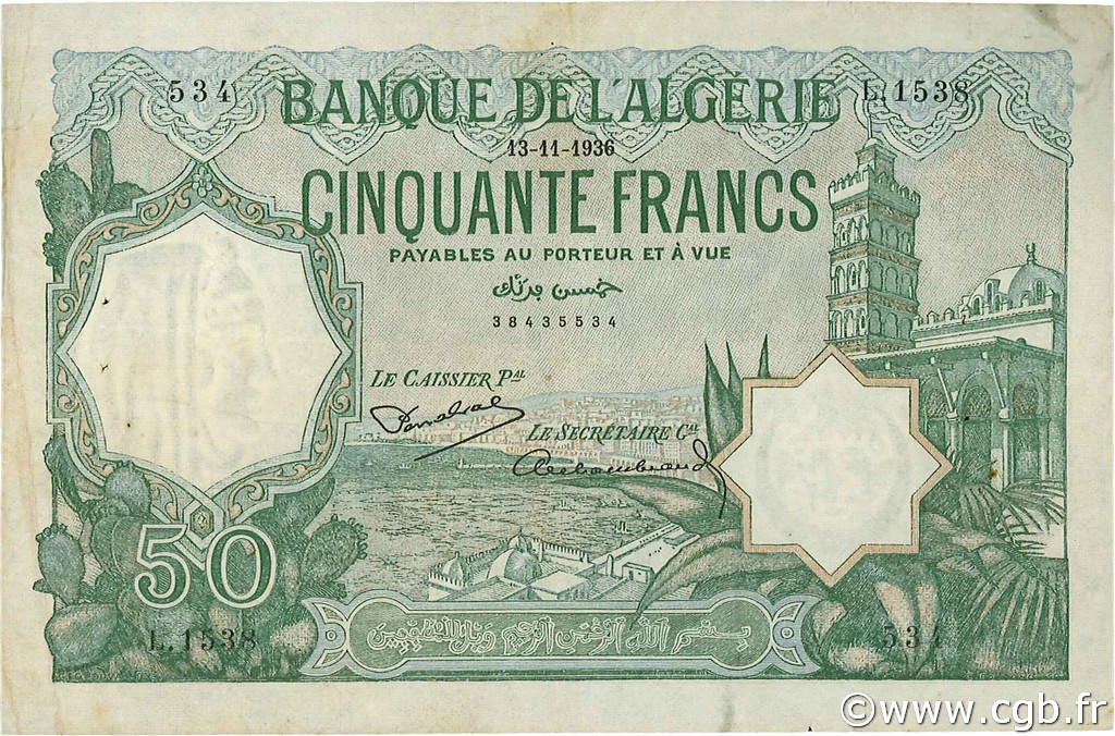 50 Francs ALGERIA  1936 P.080a VF-