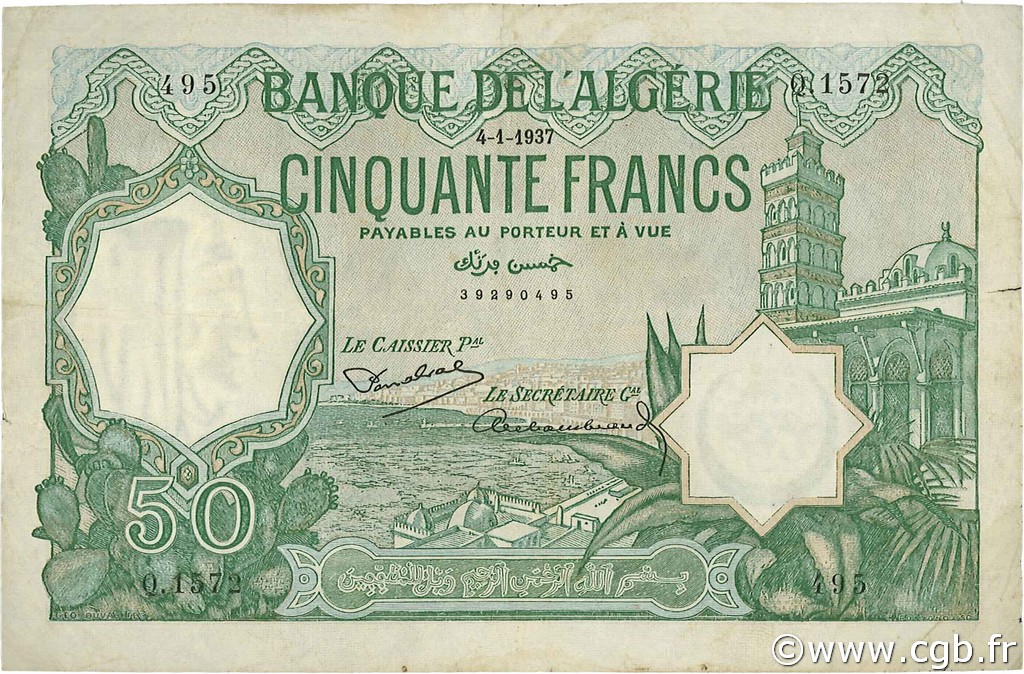 50 Francs ALGERIA  1937 P.080a q.BB