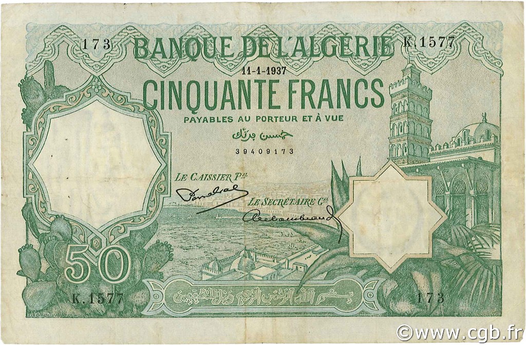 50 Francs ALGERIEN  1937 P.080a fSS