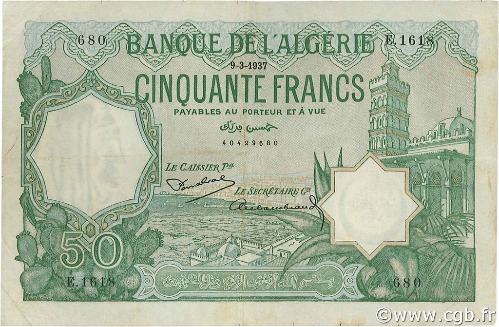 50 Francs ALGERIA  1937 P.080a BB