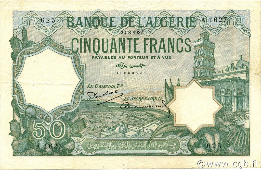 50 Francs ALGERIA  1937 P.080a VF