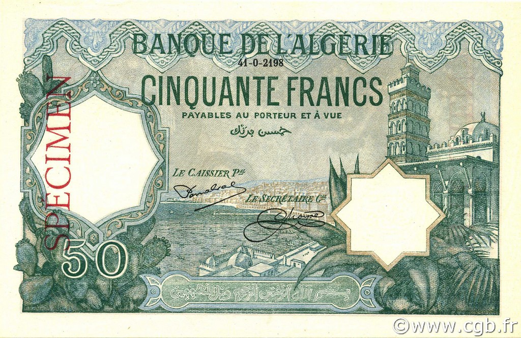 50 Francs ALGERIA  1928 P.080s UNC-