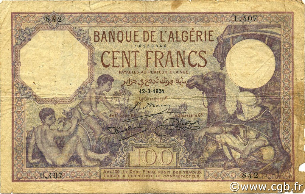 100 Francs ALGERIEN  1924 P.081a fS