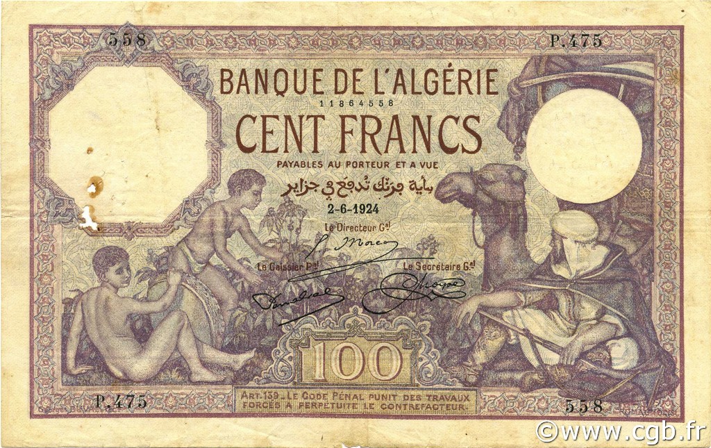 100 Francs ALGERIEN  1924 P.081a S