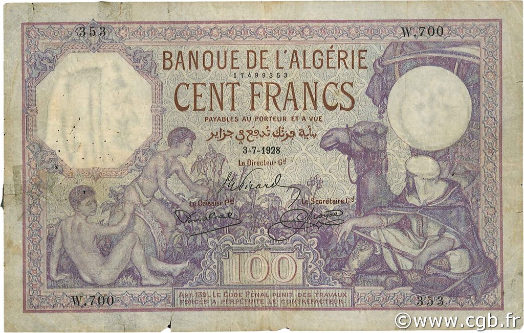 100 Francs ALGERIA  1928 P.081b VG
