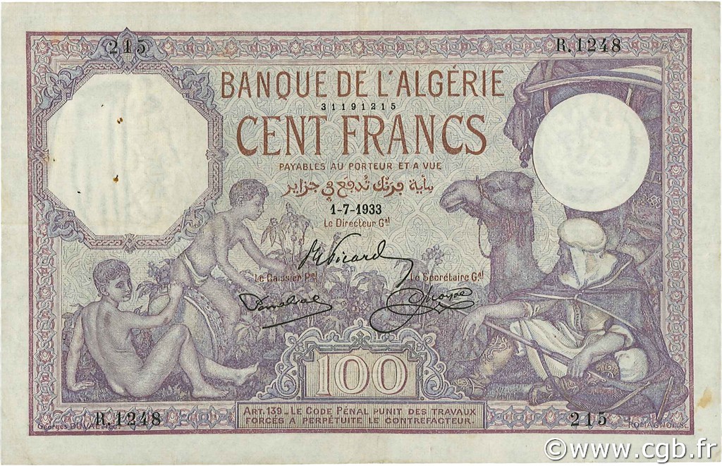 100 Francs ALGERIA  1933 P.081b VF