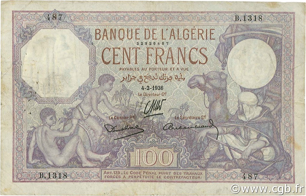 100 Francs ALGERIA  1936 P.081b VF-